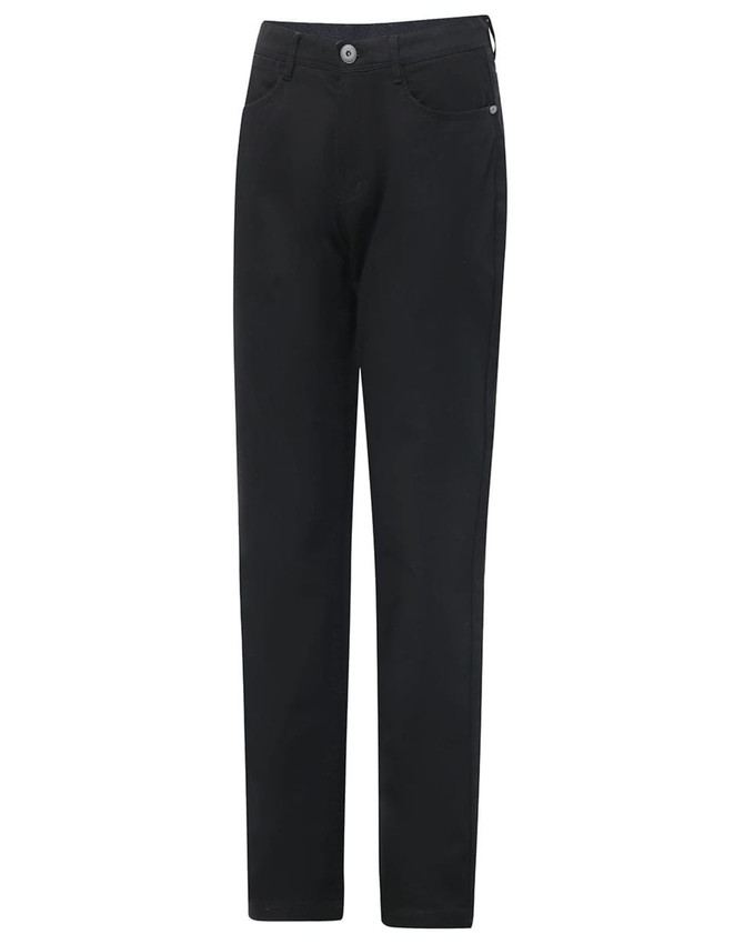 Black men's flexi chino pants with a classic jean style and a logo on the waistband.