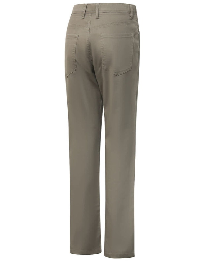 Men's flexi chino pants in khaki, featuring a smooth back design with pockets and a logo.