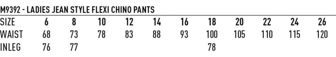 A size chart for Ladies' Jean Style Flexi Chino Pants, listing waist and inleg measurements in centimetres.