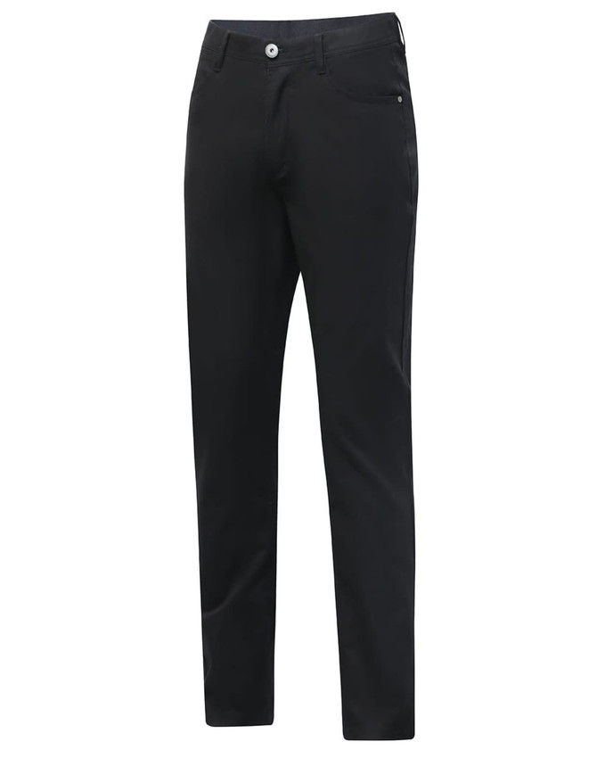 A pair of black ladies' jean style flexi chino pants with a button closure and pockets, featuring a logo.