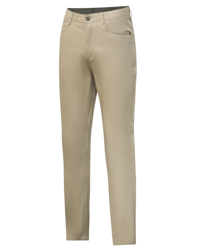 A pair of beige flexi chino pants with a slim fit and a logo on the waistband.