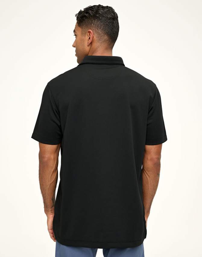 A black men's sustainable Jacquard knit short-sleeve polo shirt shown from the back, featuring a collar and logo.