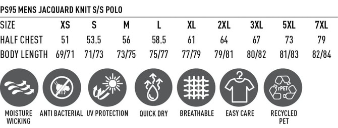 A size chart for a men's sustainable jacquard knit short-sleeve polo, featuring various sizes and care instructions.