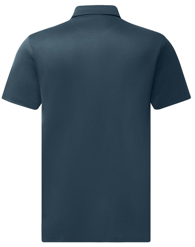 A dark navy blue men's polo shirt featuring a jacquard knit texture and a collar, with a logo on the back.