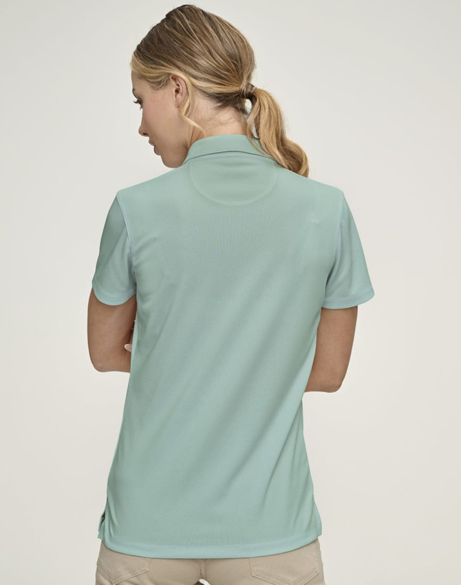 A green ladies' polo shirt with a jacquard knit design, featuring a collar and short sleeves.