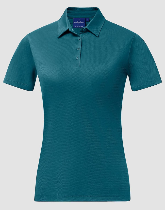 A teal ladies' polo shirt made from sustainable jacquard knit, featuring a collar and button placket.