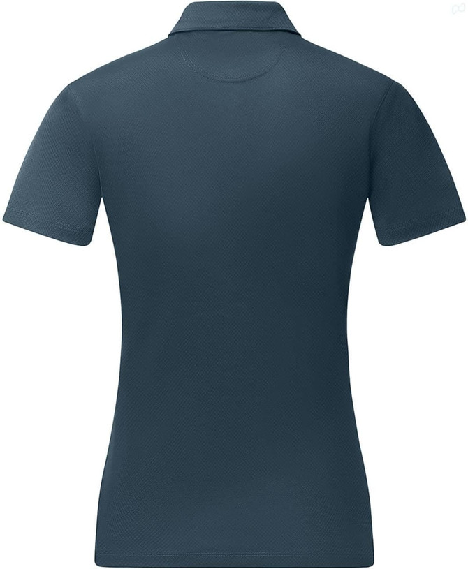 A navy short-sleeved polo shirt with a jacquard knit design and a discreet logo on the back.