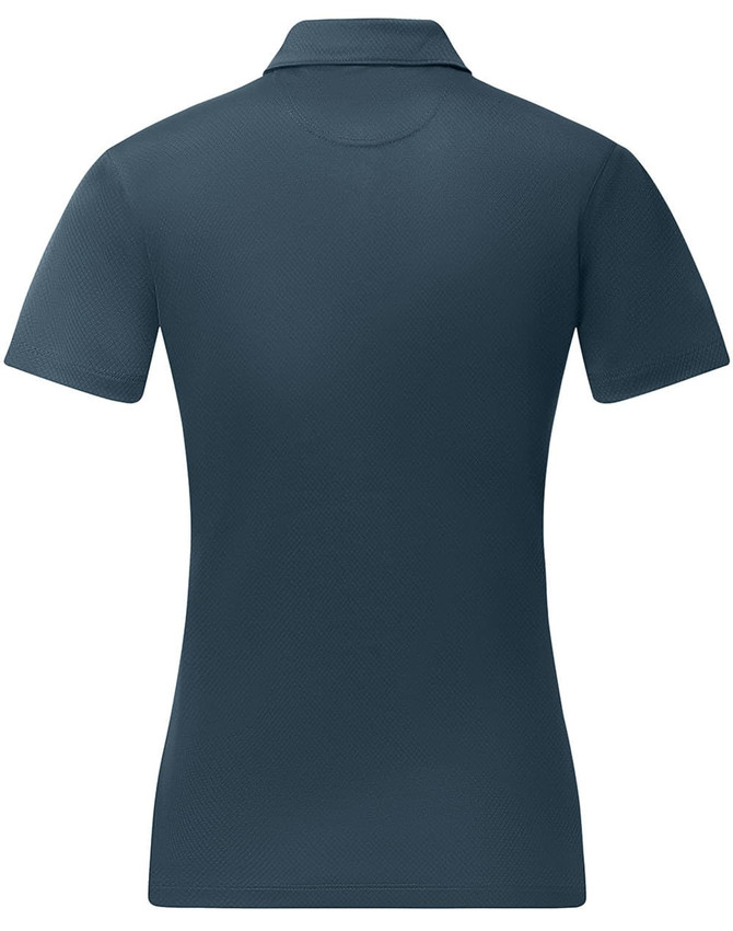 A navy short-sleeved polo shirt with a jacquard knit design and a discreet logo on the back.