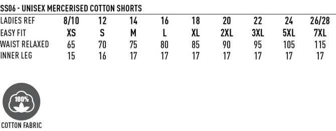 A size chart for unisex mercerised cotton shorts in various sizes, featuring dimensions for men's and women's fits.