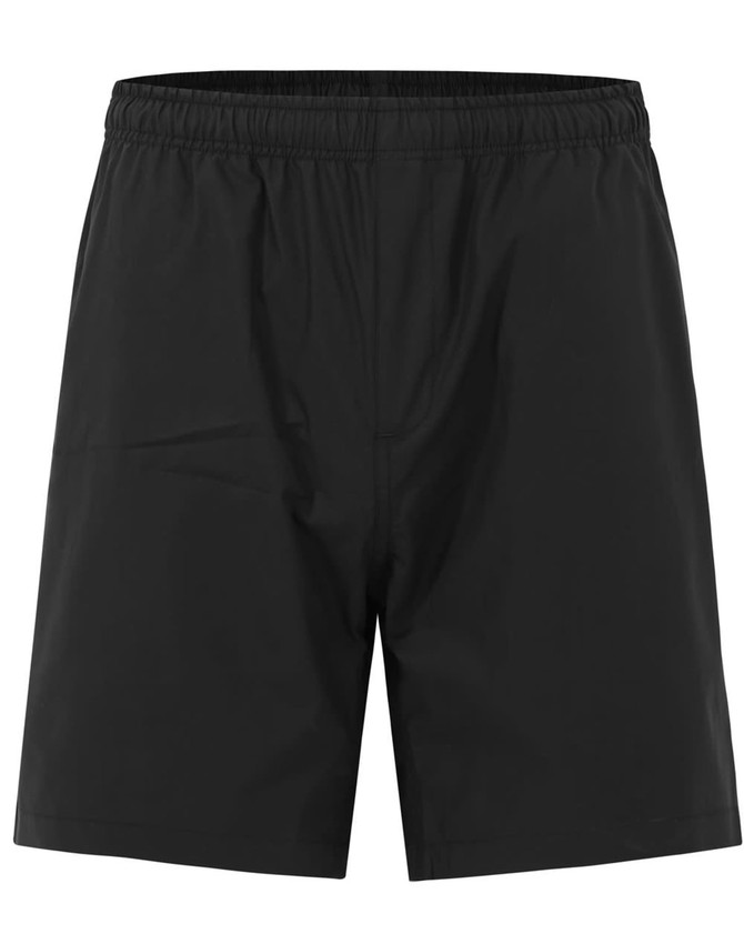 Unisex black mercerised cotton shorts with an elastic waistband and a simple design. Includes a logo.