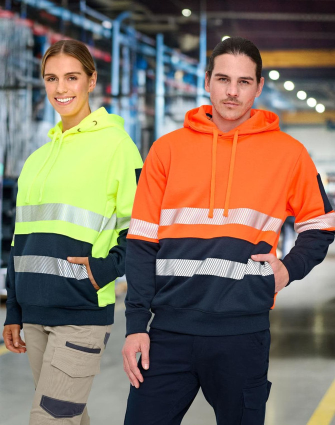 A Hi-Vis two-tone safety hoodie in fluorescent yellow and orange with segmented reflective tape, featuring a logo.