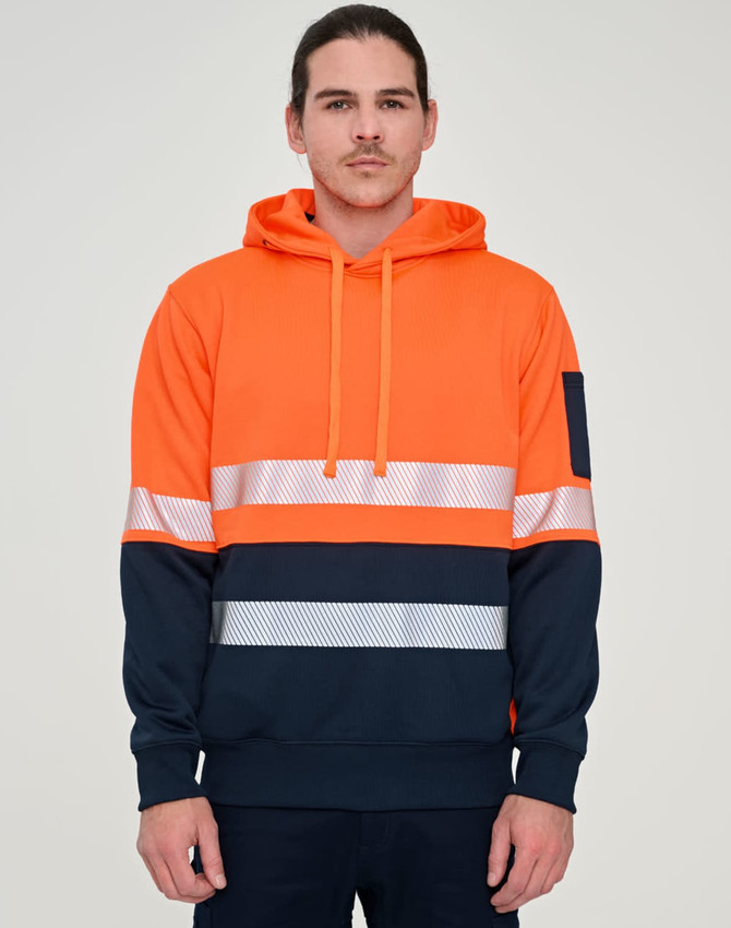 A Hi-Vis two-tone safety hoodie in orange and navy with segmented reflective tapes. Features a logo on the sleeve.