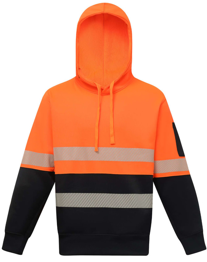 A safety hoodie in high-visibility orange and navy, featuring segmented reflective tapes and a hood.