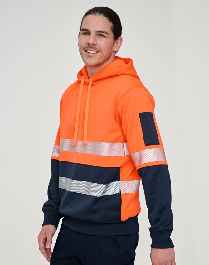 A safety hoodie in fluorescent orange and navy with segmented reflective tapes. It features a hood and a logo.