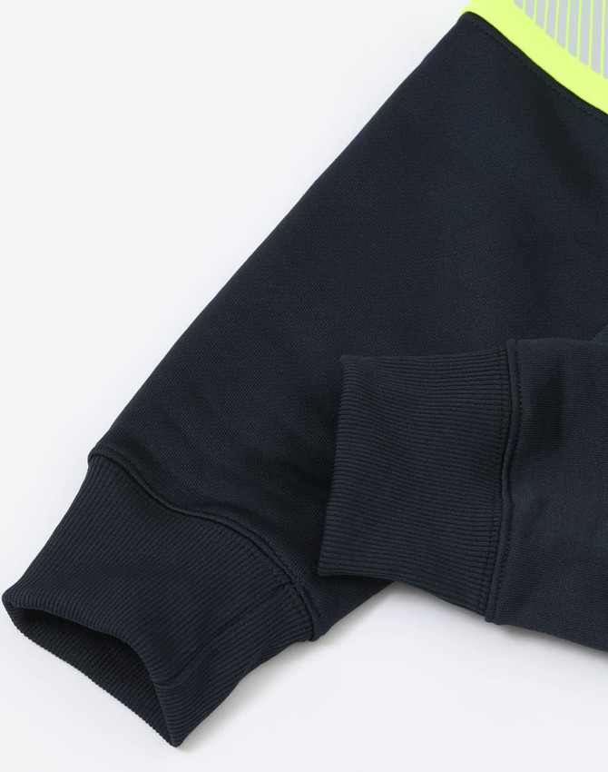 A safety hoodie featuring a two-tone design in black and high-visibility yellow with segmented reflective tape.