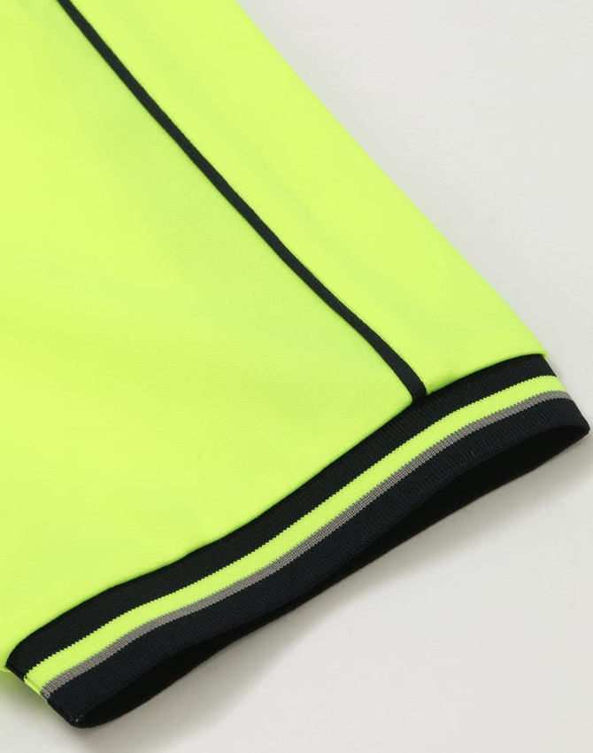 A bright yellow safety polo featuring black detailing and a contrasting hem. It has a logo on the fabric.