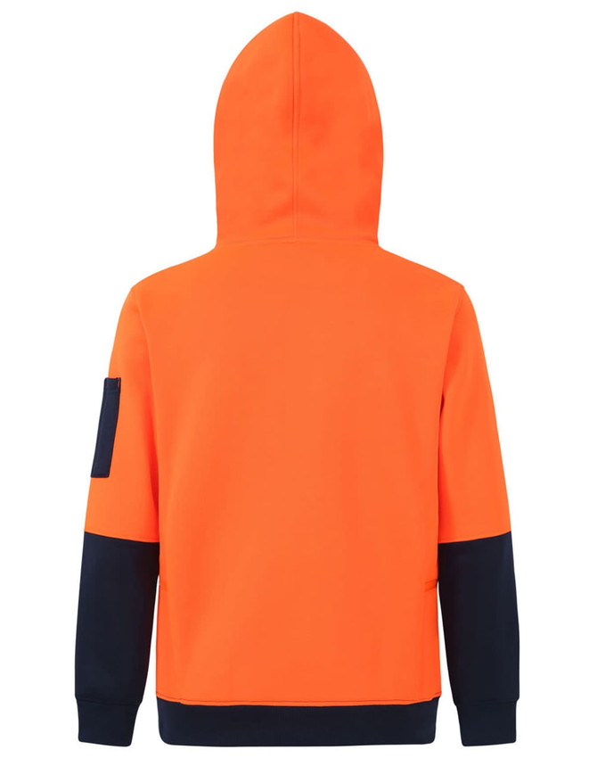A two-tone water-resistant fleece hoodie in high-visibility orange with navy sleeves and a hood, featuring a logo.