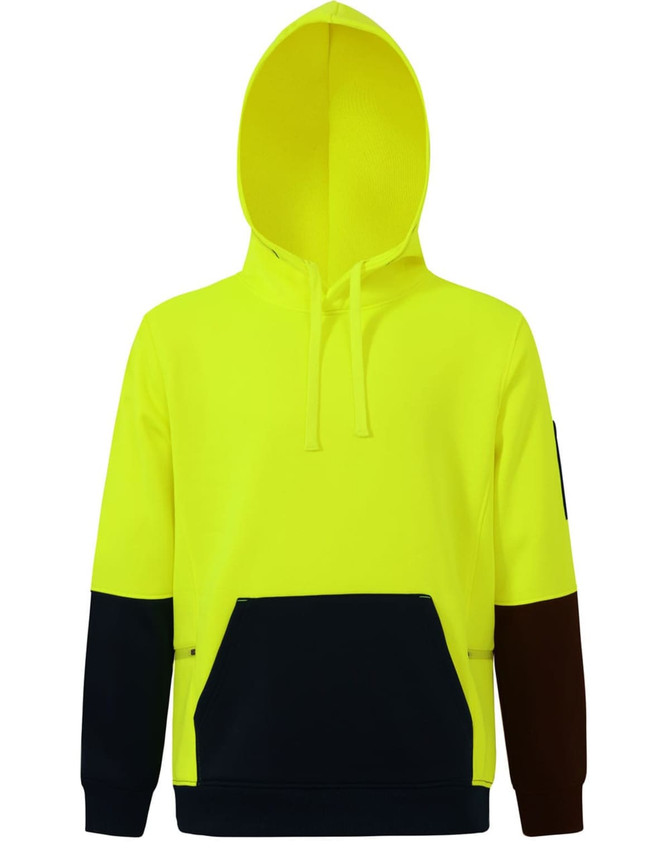 Hi-Vis two-tone fleece hoodie in bright yellow with navy and maroon accents, featuring a hood and front pocket.