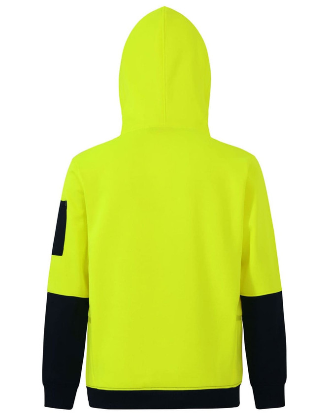 A bright yellow water-resistant fleece hoodie with navy accents and a hood. Features a branding logo on one sleeve.