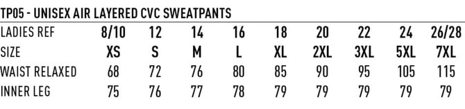 A size chart for unisex Airlayered CVC sweatpants, detailing various sizes and measurements.