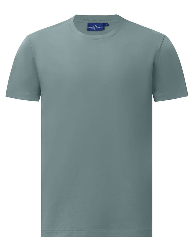 A short-sleeve tee shirt in a muted green with a round neckline and a subtle logo.