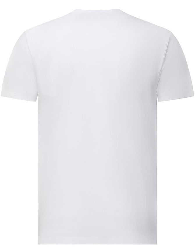 A white short-sleeve tee shirt made of premium cotton, featuring a logo on the back.