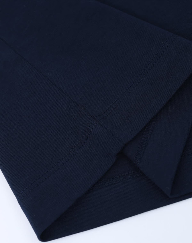 A navy blue premium cotton short-sleeve T-shirt with smooth fabric and detailed stitching. Features a logo.