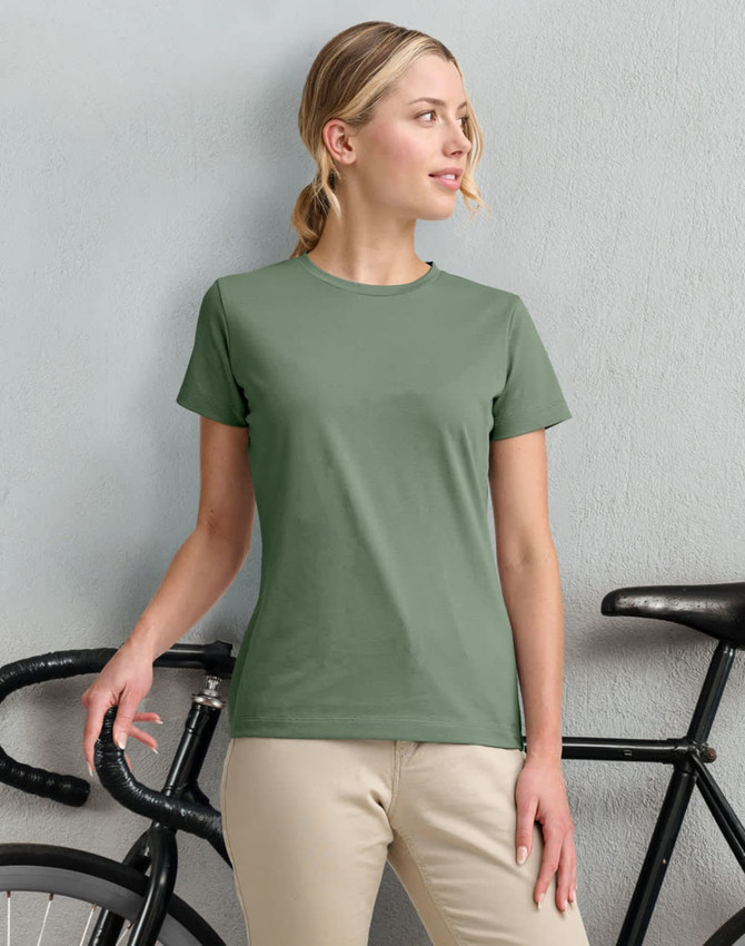 A ladies' premium cotton short-sleeve tee shirt in olive green, paired with a bicycle in the background.
