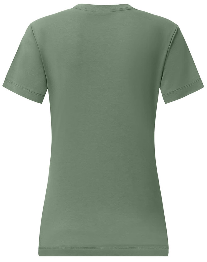 A ladies' premium cotton short sleeve tee shirt in olive green, featuring a simple design and a logo.