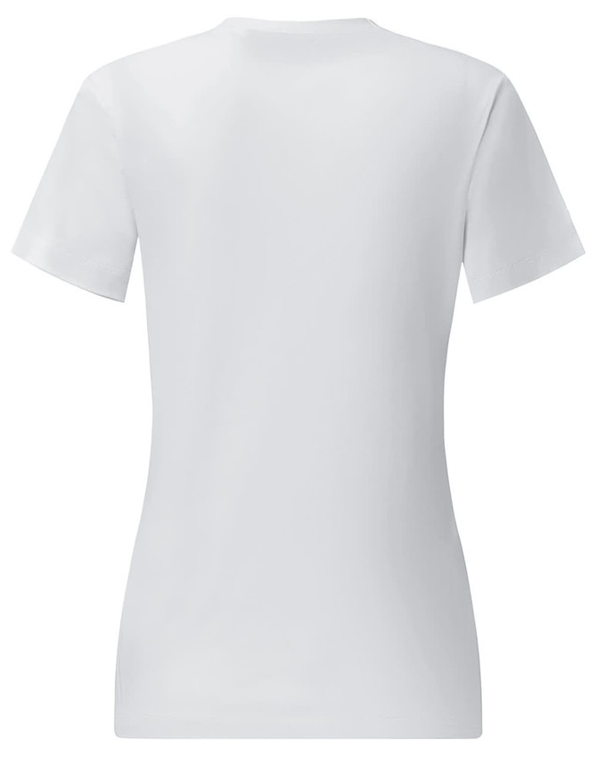 A white ladies' short sleeve tee shirt displayed from the back. It features a fitted design and includes a logo.