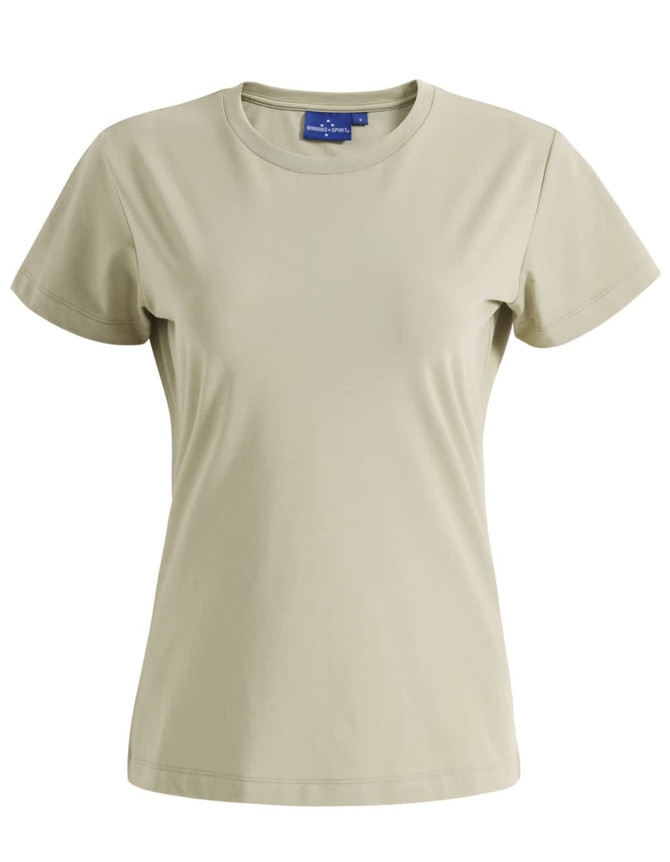 A premium cotton short-sleeve tee shirt in a light beige colour with a crew neckline and a logo.