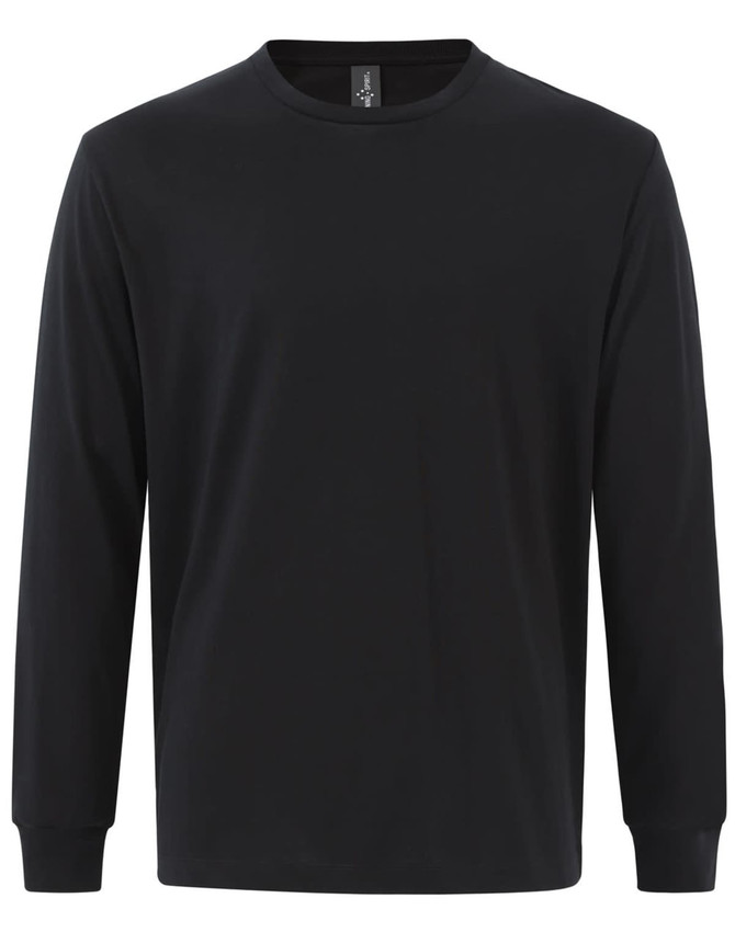 A black long-sleeve t-shirt made of premium cotton with a round neckline and a logo on the tag.