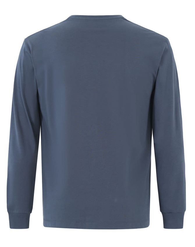 A long-sleeve tee shirt in a blue shade, featuring a classic crew neckline and a plain back with a logo present.