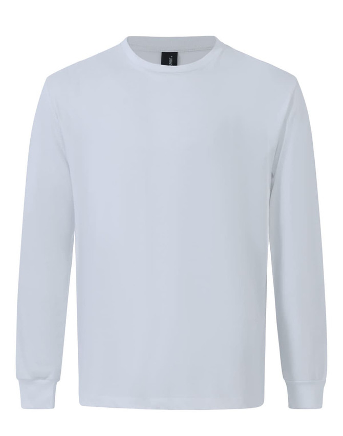 A long-sleeve tee shirt in white, featuring a crew neck and a logo on the tag.