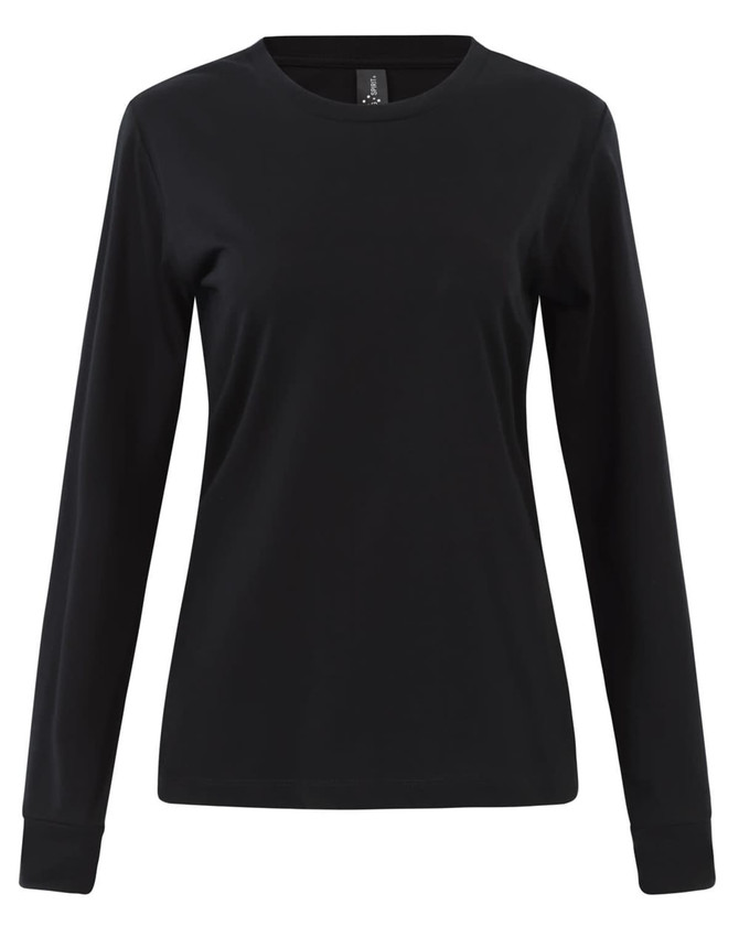 A black long-sleeve tee shirt for women in premium cotton. It features a round neckline and has a logo.