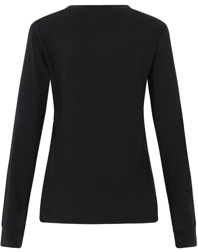 A black long-sleeve tee shirt for ladies, featuring a simple design and a rear view with long sleeves.