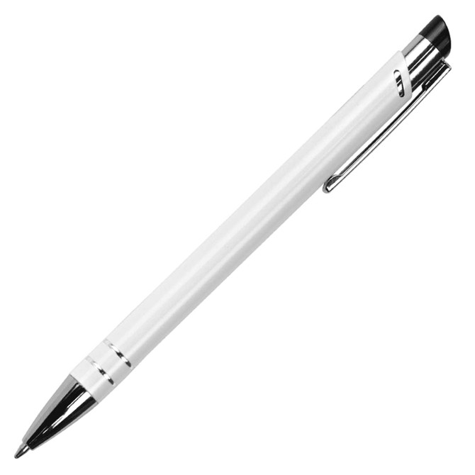 A metal ballpoint pen in white with chrome accents and a clip, featuring a sleek, modern design.