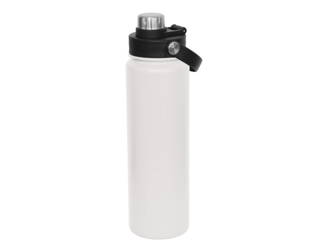 A drink bottle in white with a black screw cap and a carry handle, featuring a logo.