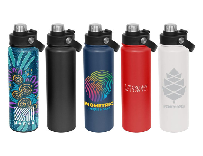 A drink bottle collection featuring five styles: colourful patterned, black, blue, red, and white, each with a screw cap and logo.