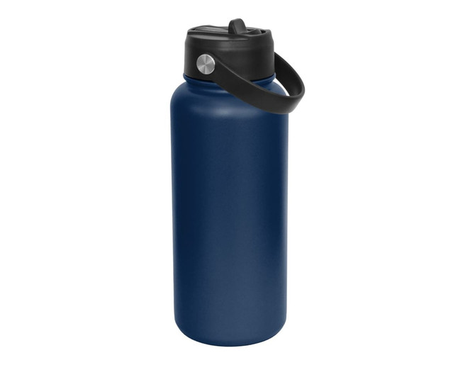 A drink bottle in navy blue with a black spout and a carrying handle. It features a logo on the body.