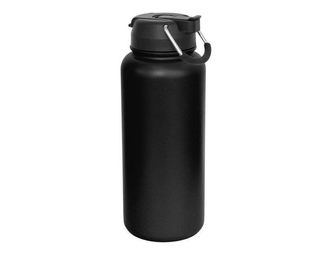 A drink bottle in matte black with a lid and metal handle, featuring a minimalist design and a branding logo.