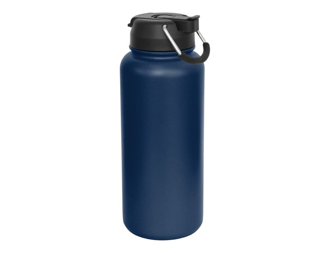 A drink bottle in navy blue with a black lid and carry handle, featuring a logo.