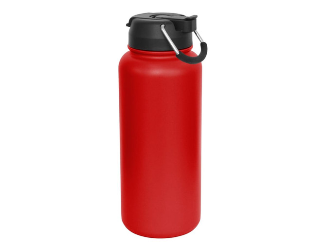 A drink bottle in bright red with a black lid and handle, featuring a sleek, matte finish.