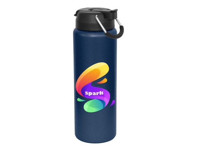 A drink bottle in navy blue with a colourful logo and a black lid featuring a handle.