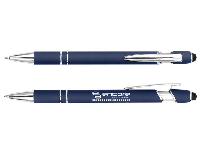 A stylus pen in navy blue with chrome accents and a logo, featuring both a ballpoint and a touch tip.