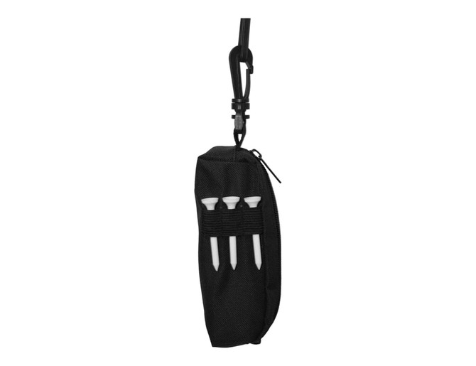 A black pouch with a zipper, containing three white golf tees, attached to a clip.