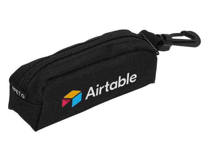 A black pouch with a zip closure and a clip, featuring a logo on the side.