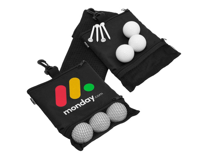 A black pouch containing six white golf balls and three white tees, featuring a colourful logo.