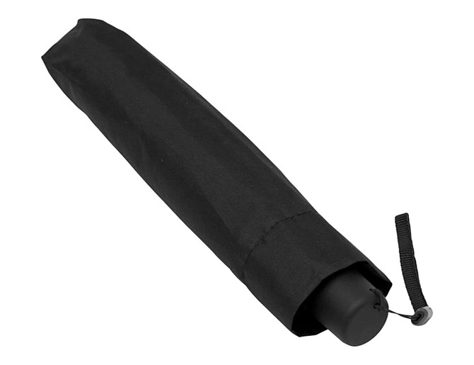 A black compact umbrella folded neatly in a protective fabric cover, featuring a loop for easy carrying.