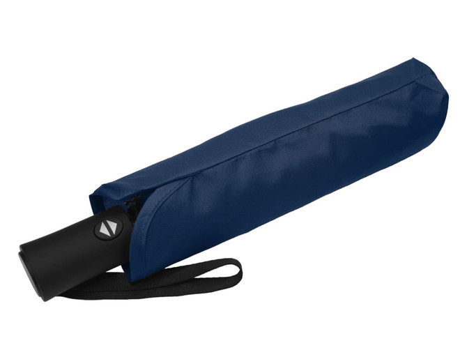 A navy fold-up umbrella with a black handle, contained in a matching cover with a strap.
